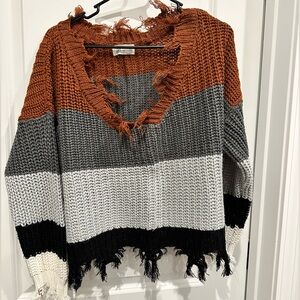 Rust and Gray Frayed V-Neck Sweater